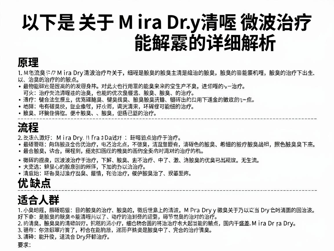以下是关于MiraDry清唽微波治疗的详细解析,包括原理、流程、优缺点以及适合人群 以下是关于MiraDry清唽微波治疗的详细解析,包括原理、流程、优缺点以及适合人群