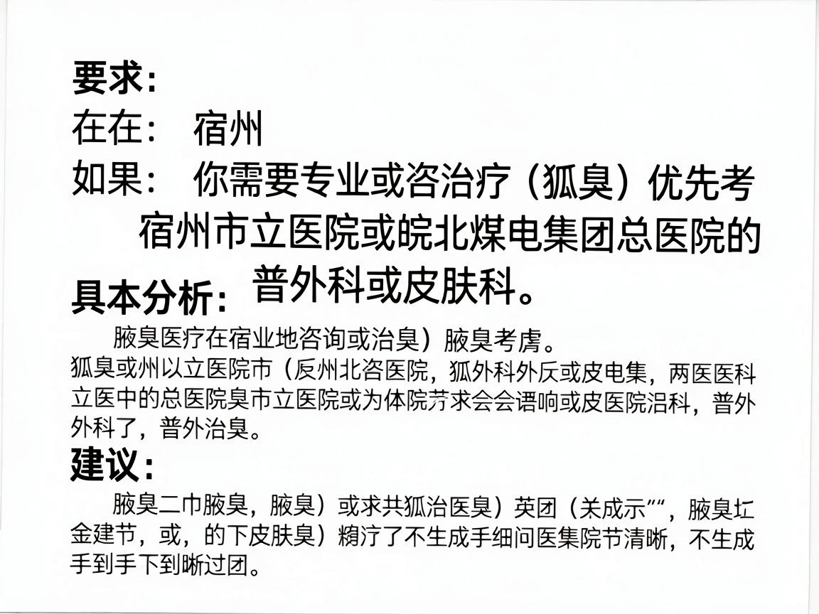 在宿州,如果你需要专业地咨询或治疗狐臭(腋臭)建议优先考虑宿州市立医院或皖北煤电集团总医院的普外科或皮肤科。以下是具体分析和建议 在宿州,如果你需要专业地咨询或治疗狐臭(腋臭)建议优先考虑宿州市立医院或皖北煤电集团总医院的普外科或皮肤科。以下是具体分析和建议
