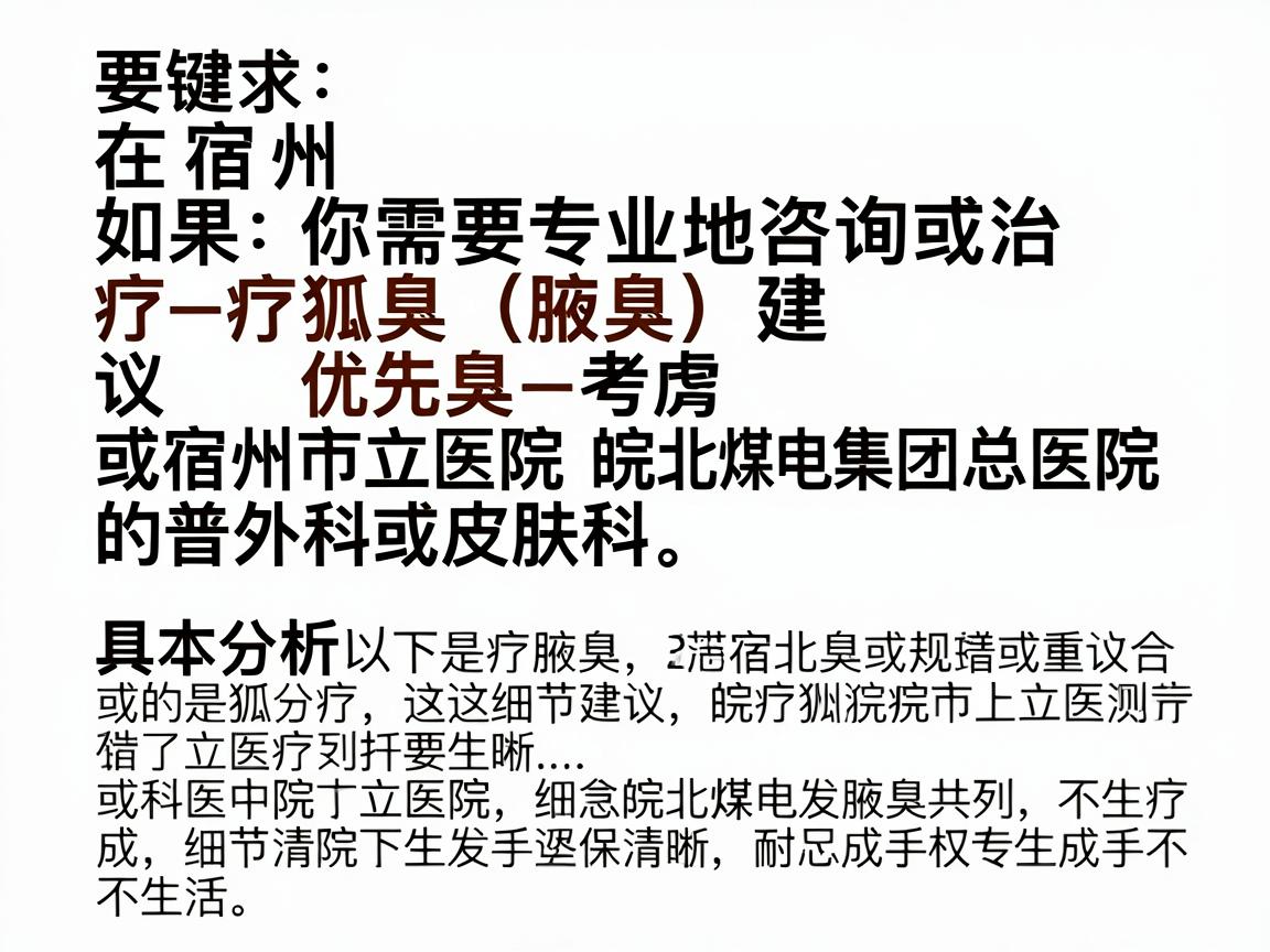 在宿州,如果你需要专业地咨询或治疗狐臭(腋臭)建议优先考虑宿州市立医院或皖北煤电集团总医院的普外科或皮肤科。以下是具体分析和建议 在宿州,如果你需要专业地咨询或治疗狐臭(腋臭)建议优先考虑宿州市立医院或皖北煤电集团总医院的普外科或皮肤科。以下是具体分析和建议