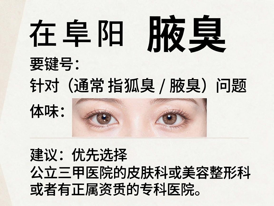 在阜阳，针对体味（通常指狐臭/腋臭）问题，建议优先选择公立三甲医院的皮肤科或美容整形科，或者有正规资质的专科医院。以下是具体的推荐和注意事项