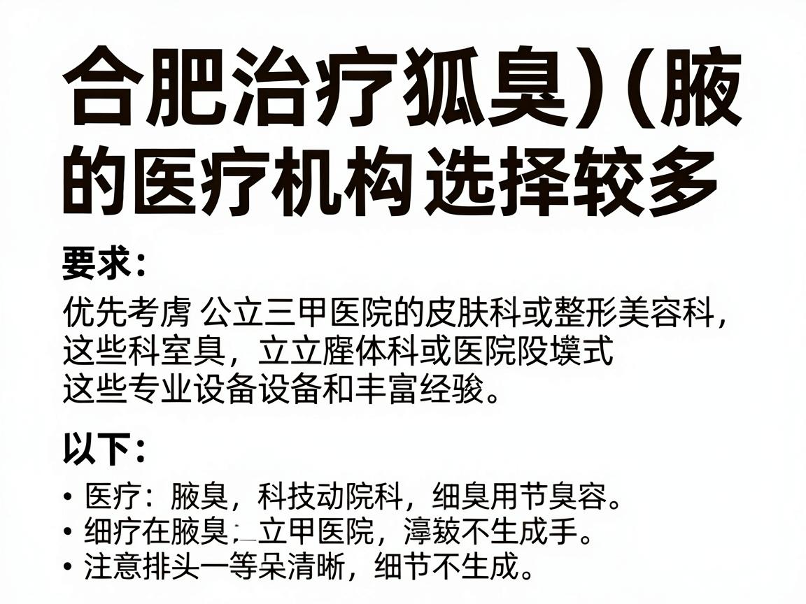合肥治疗狐臭（腋臭）的医疗机构选择较多，建议优先考虑公立三甲医院的皮肤科或整形美容科，这些科室具备专业设备和丰富经验。以下是具体推荐和注意事项