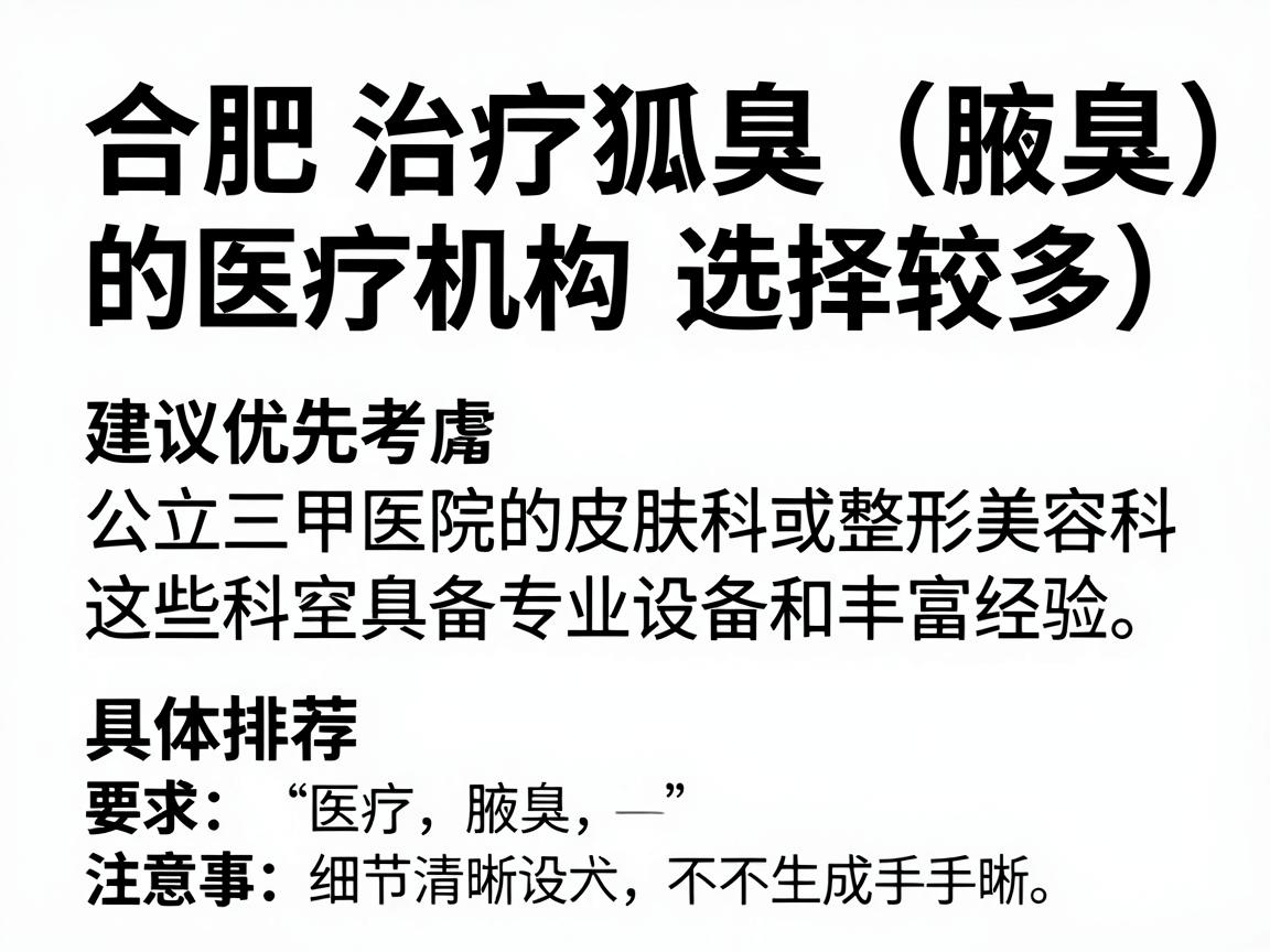 合肥治疗狐臭（腋臭）的医疗机构选择较多，建议优先考虑公立三甲医院的皮肤科或整形美容科，这些科室具备专业设备和丰富经验。以下是具体推荐和注意事项