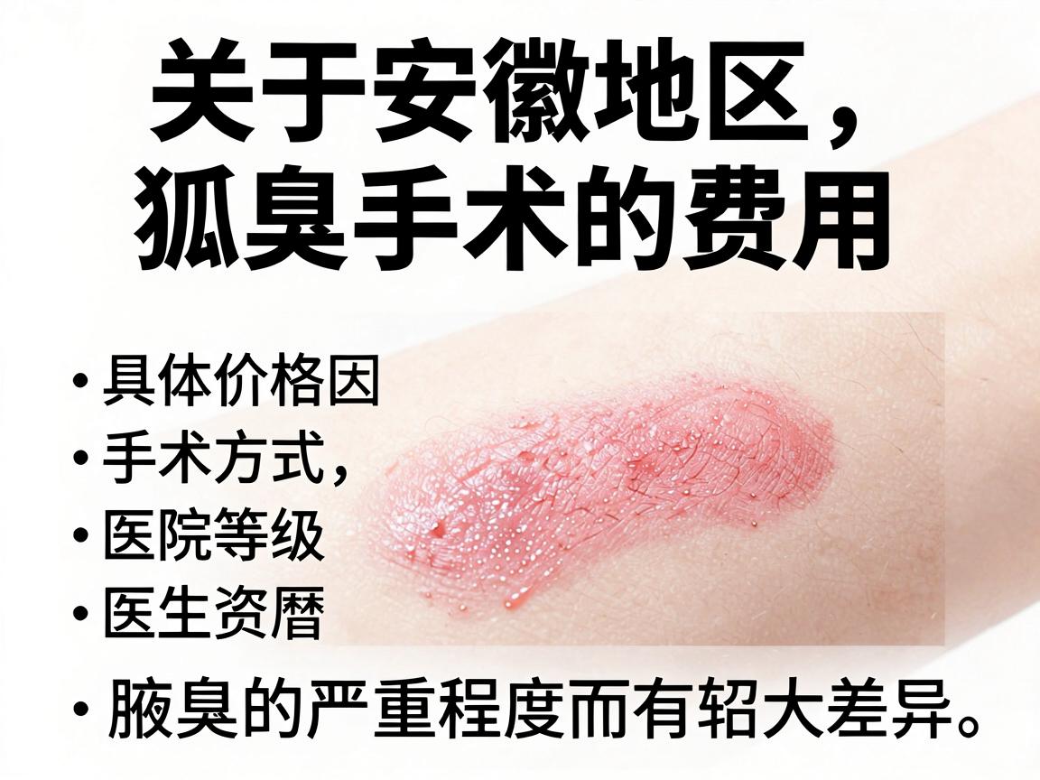 关于安徽地区狐臭手术的费用,具体价格因手术方式、医院等级、医生资历以及腋臭的严重程度而有较大差异。以下是一个大致的费用范围供你参考 关于安徽地区狐臭手术的费用,具体价格因手术方式、医院等级、医生资历以及腋臭的严重程度而有较大差异。以下是一个大致的费用范围供你参考