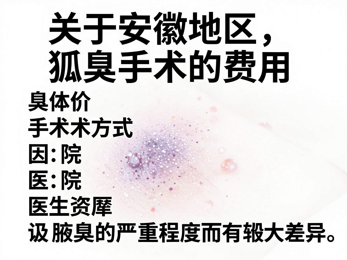 关于安徽地区狐臭手术的费用,具体价格因手术方式、医院等级、医生资历以及腋臭的严重程度而有较大差异。以下是一个大致的费用范围供你参考 关于安徽地区狐臭手术的费用,具体价格因手术方式、医院等级、医生资历以及腋臭的严重程度而有较大差异。以下是一个大致的费用范围供你参考