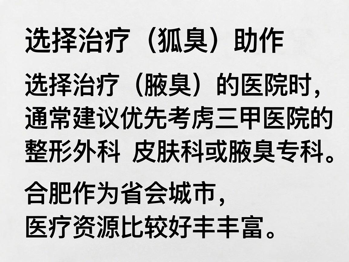 选择治疗狐臭(腋臭)的医院时,通常建议优先考虑三甲医院的整形外科、皮肤科或腋臭专科。合肥作为省会城市,医疗资源比较丰富。以下是一些在当地口碑较好、技术成熟的医院推荐 选择治疗狐臭(腋臭)的医院时,通常建议优先考虑三甲医院的整形外科、皮肤科或腋臭专科。合肥作为省会城市,医疗资源比较丰富。以下是一些在当地口碑较好、技术成熟的医院推荐