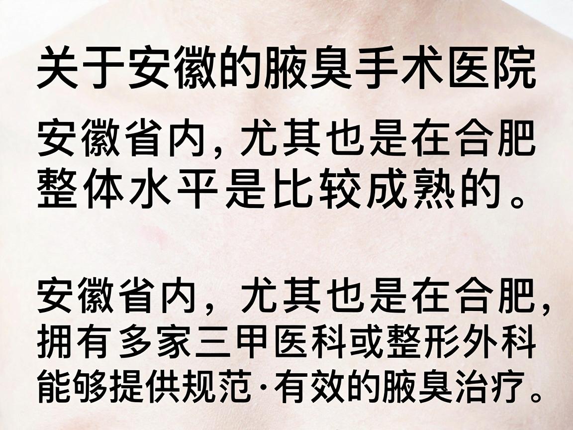 关于安徽的腋臭手术医院,整体水平是比较成熟的。安徽省内,尤其是在合肥,拥有多家三甲医院的皮肤科或整形外科,能够提供规范、有效的腋臭治疗 关于安徽的腋臭手术医院,整体水平是比较成熟的。安徽省内,尤其是在合肥,拥有多家三甲医院的皮肤科或整形外科,能够提供规范、有效的腋臭治疗