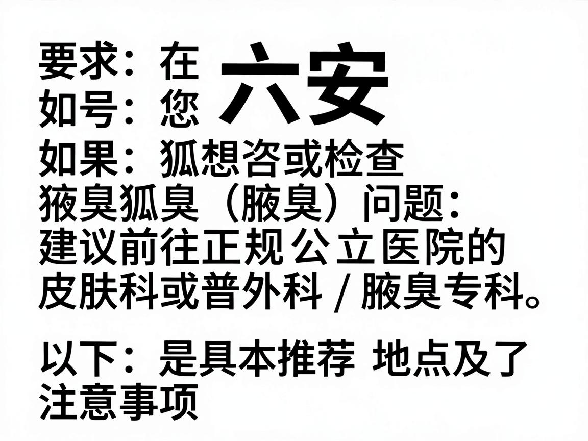 在六安,如果您想咨询或检查狐臭(腋臭)问题,建议前往正规公立医院的皮肤科或普外科/腋臭专科。以下是具体推荐地点及注意事项 在六安,如果您想咨询或检查狐臭(腋臭)问题,建议前往正规公立医院的皮肤科或普外科/腋臭专科。以下是具体推荐地点及注意事项