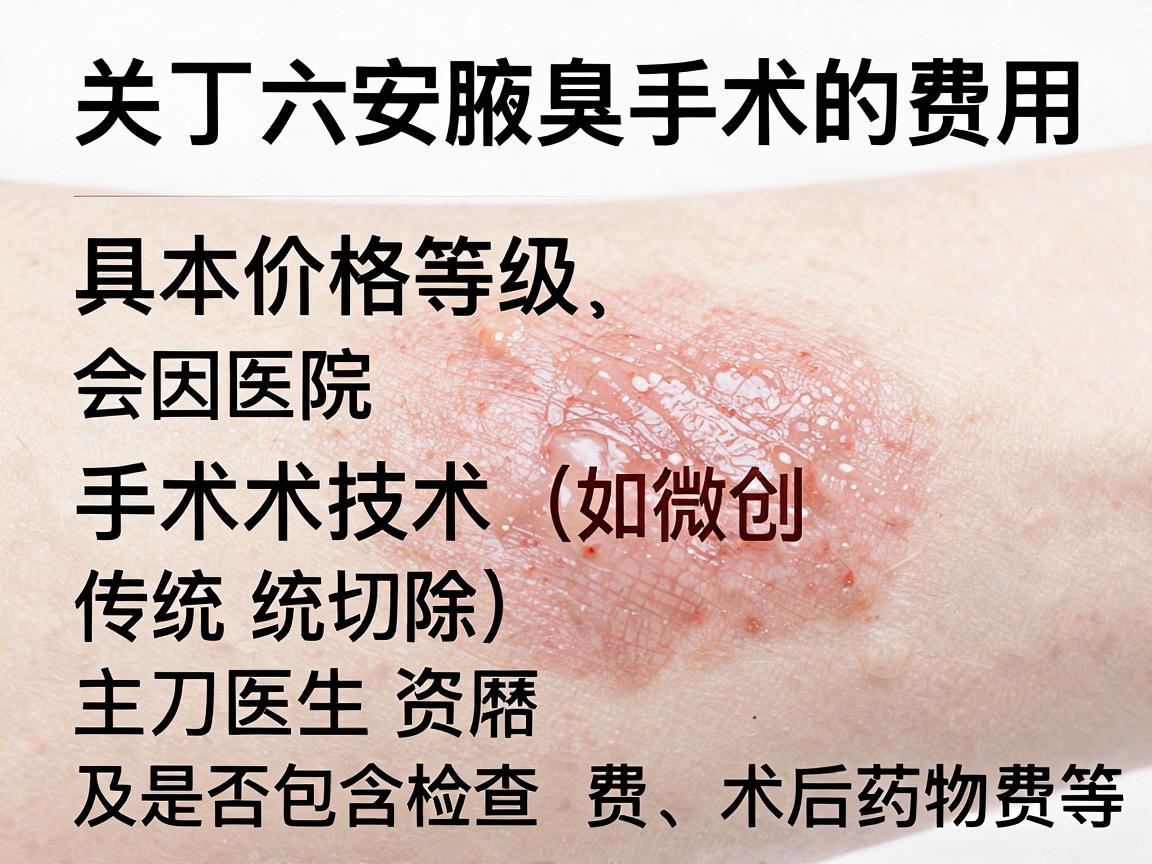 关于六安腋臭手术的费用,具体价格会因医院等级、手术技术(如微创、传统切除)主刀医生资历以及是否包含检查费、术后药物费等而有较大差异 关于六安腋臭手术的费用,具体价格会因医院等级、手术技术(如微创、传统切除)主刀医生资历以及是否包含检查费、术后药物费等而有较大差异
