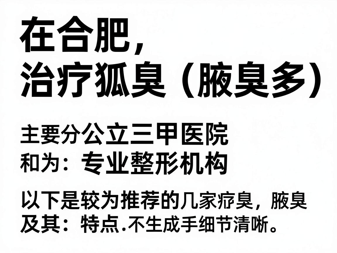 在合肥,治疗狐臭(腋臭)的医院选择较多,主要分为公立三甲医院和专业整形机构两类。以下是较为推荐的几家医院及其特点,供你参考 在合肥,治疗狐臭(腋臭)的医院选择较多,主要分为公立三甲医院和专业整形机构两类。以下是较为推荐的几家医院及其特点,供你参考