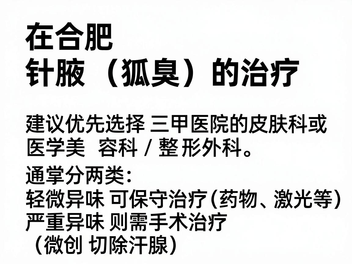 在合肥,针对腋臭(狐臭)的治疗,建议优先选择三甲医院的皮肤科或医学美容科/整形外科。腋臭的治疗通常分两类,轻微异味可保守治疗(药物、激光等)严重异味则需手术治疗(微创切除汗腺) 在合肥,针对腋臭(狐臭)的治疗,建议优先选择三甲医院的皮肤科或医学美容科/整形外科。腋臭的治疗通常分两类,轻微异味可保守治疗(药物、激光等)严重异味则需手术治疗(微创切除汗腺)