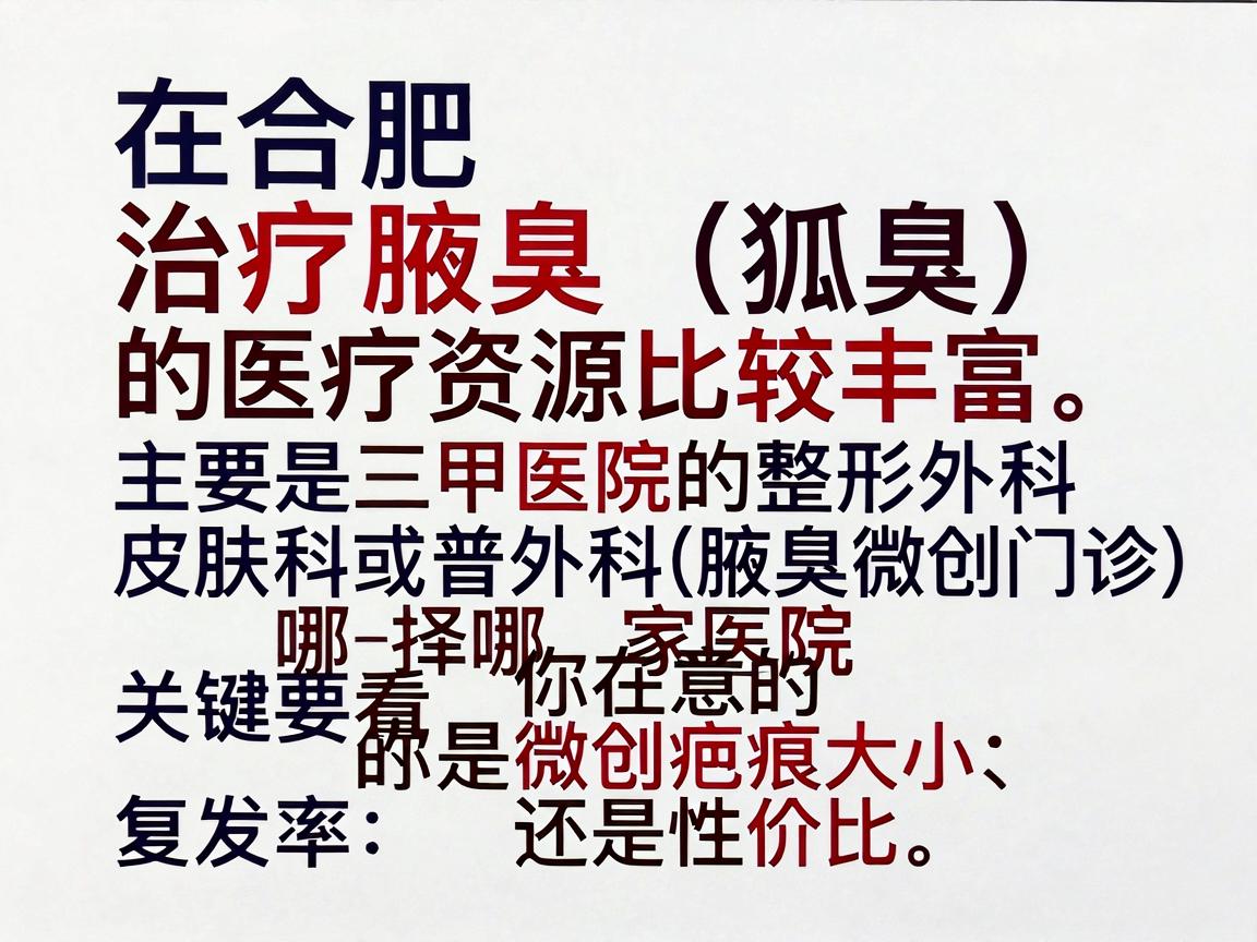 在合肥,治疗腋臭(狐臭)的医疗资源比较丰富,主要是三甲医院的整形外科、皮肤科或普外科(腋臭微创门诊)选择哪家医院,关键要看你在意的是微创疤痕大小、复发率还是性价比 在合肥,治疗腋臭(狐臭)的医疗资源比较丰富,主要是三甲医院的整形外科、皮肤科或普外科(腋臭微创门诊)选择哪家医院,关键要看你在意的是微创疤痕大小、复发率还是性价比