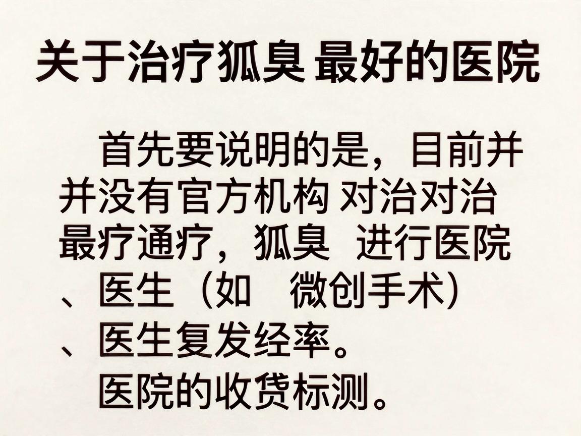 关于治疗狐臭最好的医院,首先要说明的是,目前并没有官方机构对治疗狐臭进行医院排名。所谓的最好通常取决于医疗技术(如微创手术)医生的经验、复发率以及医院的收费标准 关于治疗狐臭最好的医院,首先要说明的是,目前并没有官方机构对治疗狐臭进行医院排名。所谓的最好通常取决于医疗技术(如微创手术)医生的经验、复发率以及医院的收费标准