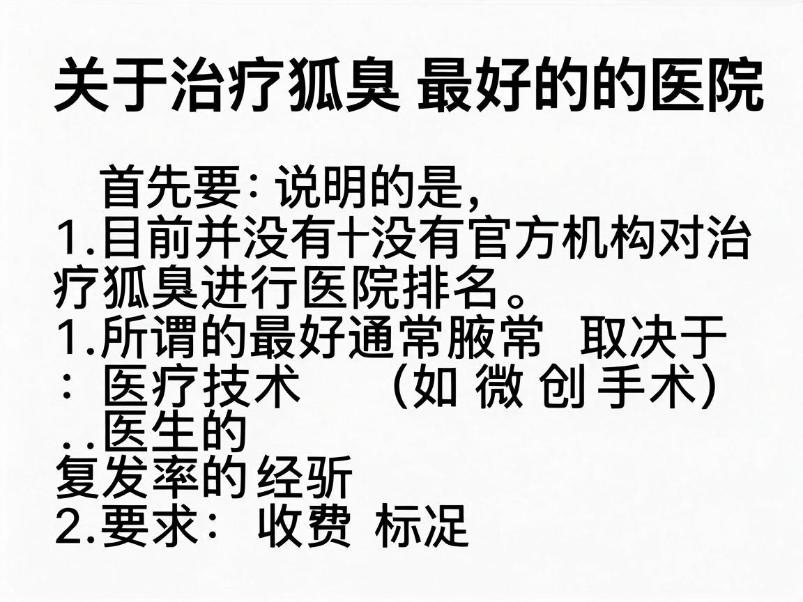 关于治疗狐臭最好的医院,首先要说明的是,目前并没有官方机构对治疗狐臭进行医院排名。所谓的最好通常取决于医疗技术(如微创手术)医生的经验、复发率以及医院的收费标准 关于治疗狐臭最好的医院,首先要说明的是,目前并没有官方机构对治疗狐臭进行医院排名。所谓的最好通常取决于医疗技术(如微创手术)医生的经验、复发率以及医院的收费标准