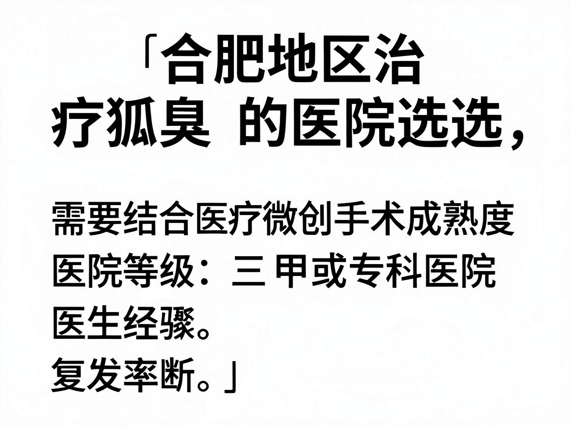 针对合肥地区治疗狐臭(腋臭)的医院选择,需要结合医疗技术(微创手术成熟度)医院等级(三甲或专科医院)医生经验以及复发率来综合判断。以下是经过整理的推荐名单和建议,供你参考 针对合肥地区治疗狐臭(腋臭)的医院选择,需要结合医疗技术(微创手术成熟度)医院等级(三甲或专科医院)医生经验以及复发率来综合判断。以下是经过整理的推荐名单和建议,供你参考