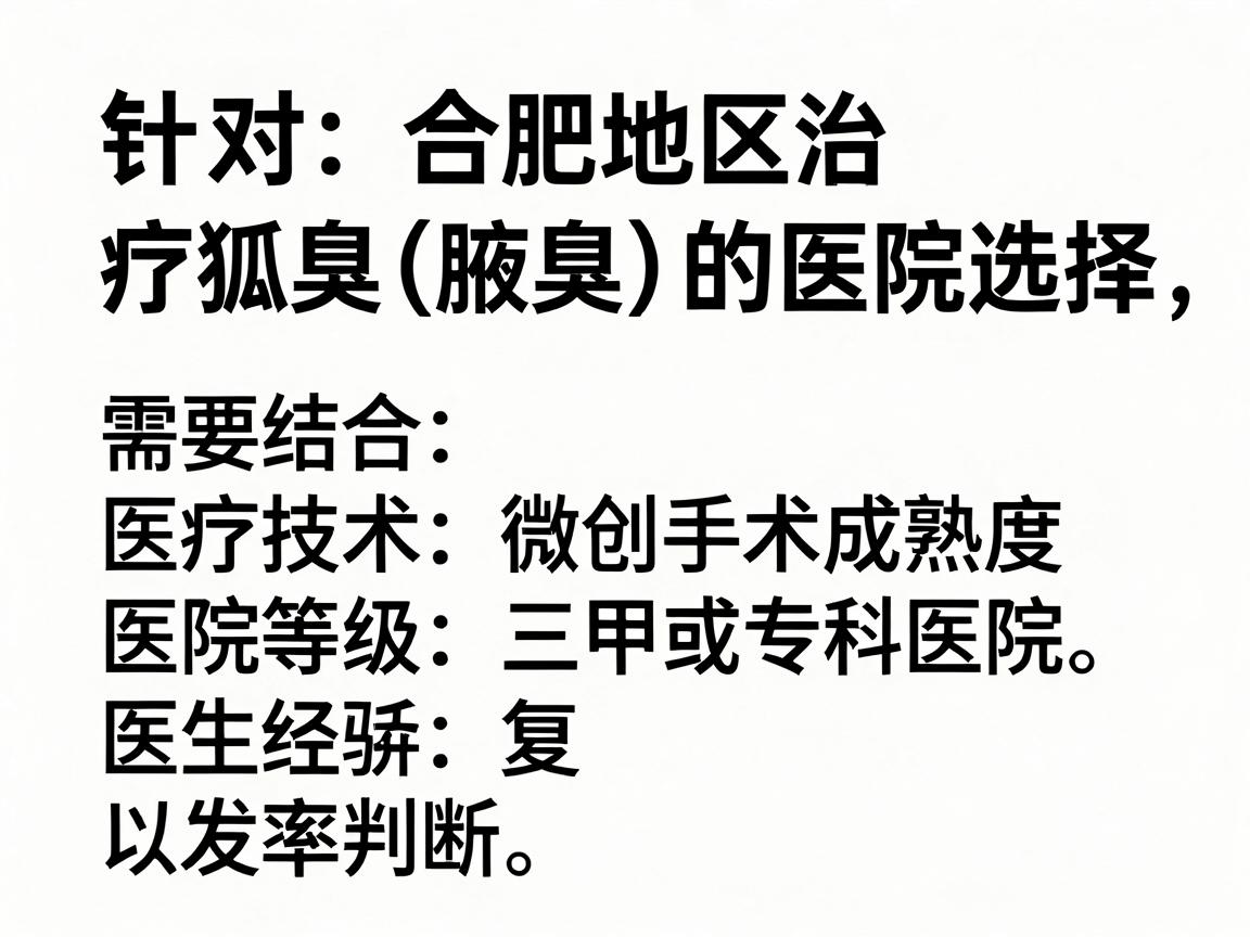 针对合肥地区治疗狐臭(腋臭)的医院选择,需要结合医疗技术(微创手术成熟度)医院等级(三甲或专科医院)医生经验以及复发率来综合判断。以下是经过整理的推荐名单和建议,供你参考 针对合肥地区治疗狐臭(腋臭)的医院选择,需要结合医疗技术(微创手术成熟度)医院等级(三甲或专科医院)医生经验以及复发率来综合判断。以下是经过整理的推荐名单和建议,供你参考