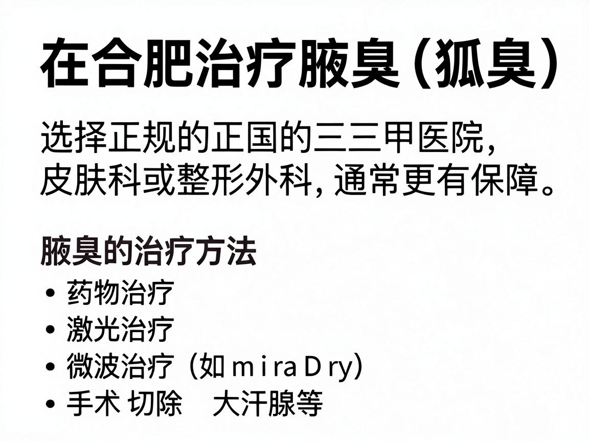 在合肥治疗腋臭(狐臭)选择正规的三甲医院皮肤科或专业的整形外科通常更有保障。腋臭的治疗方法包括药物治疗、激光治疗、微波治疗(如miraDry)和手术切除大汗腺等,不同医院的优势技术不同 在合肥治疗腋臭(狐臭)选择正规的三甲医院皮肤科或专业的整形外科通常更有保障。腋臭的治疗方法包括药物治疗、激光治疗、微波治疗(如miraDry)和手术切除大汗腺等,不同医院的优势技术不同