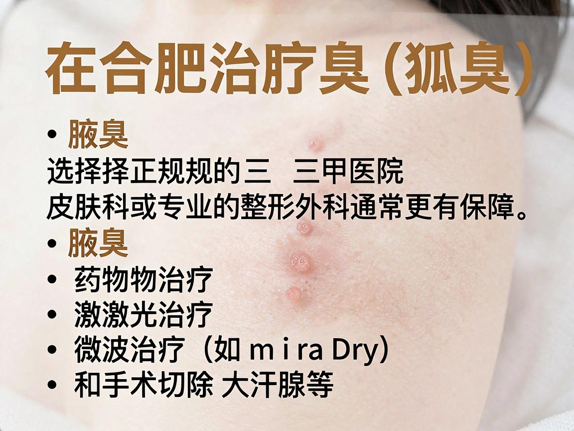 在合肥治疗腋臭(狐臭)选择正规的三甲医院皮肤科或专业的整形外科通常更有保障。腋臭的治疗方法包括药物治疗、激光治疗、微波治疗(如miraDry)和手术切除大汗腺等,不同医院的优势技术不同 在合肥治疗腋臭(狐臭)选择正规的三甲医院皮肤科或专业的整形外科通常更有保障。腋臭的治疗方法包括药物治疗、激光治疗、微波治疗(如miraDry)和手术切除大汗腺等,不同医院的优势技术不同