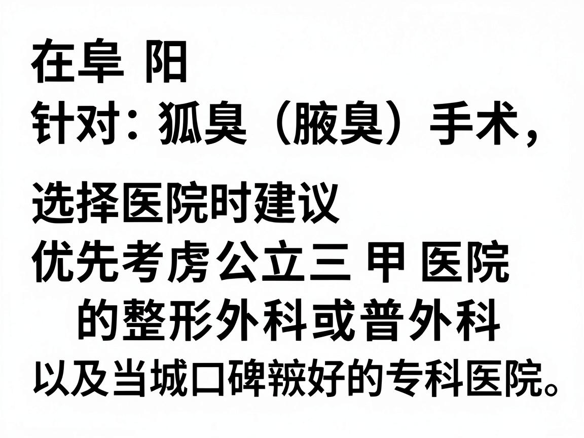 在阜阳,针对狐臭(腋臭)手术,选择医院时建议优先考虑公立三甲医院的整形外科或普外科,以及当地口碑较好的专科医院。以下是基于公开信息和患者反馈的几家参考医院及其特点 在阜阳,针对狐臭(腋臭)手术,选择医院时建议优先考虑公立三甲医院的整形外科或普外科,以及当地口碑较好的专科医院。以下是基于公开信息和患者反馈的几家参考医院及其特点