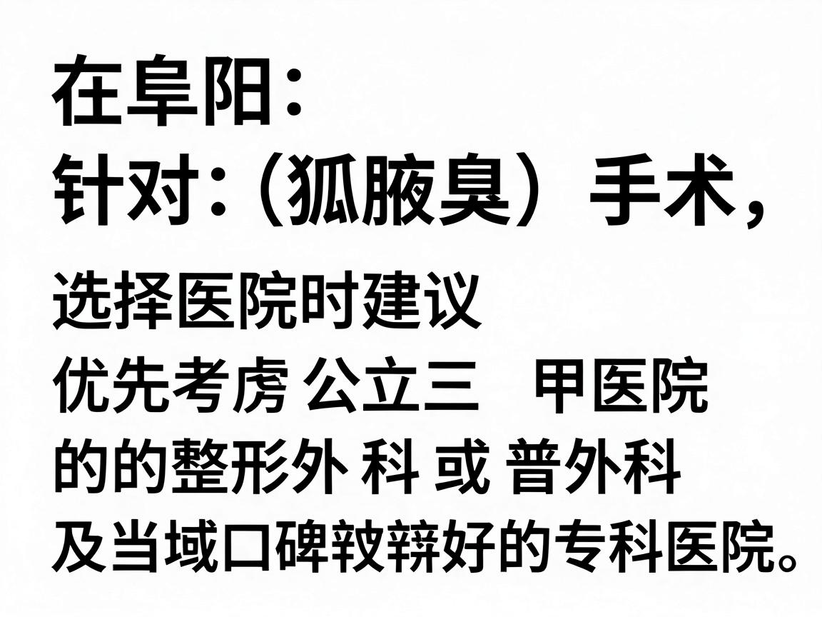 在阜阳,针对狐臭(腋臭)手术,选择医院时建议优先考虑公立三甲医院的整形外科或普外科,以及当地口碑较好的专科医院。以下是基于公开信息和患者反馈的几家参考医院及其特点 在阜阳,针对狐臭(腋臭)手术,选择医院时建议优先考虑公立三甲医院的整形外科或普外科,以及当地口碑较好的专科医院。以下是基于公开信息和患者反馈的几家参考医院及其特点