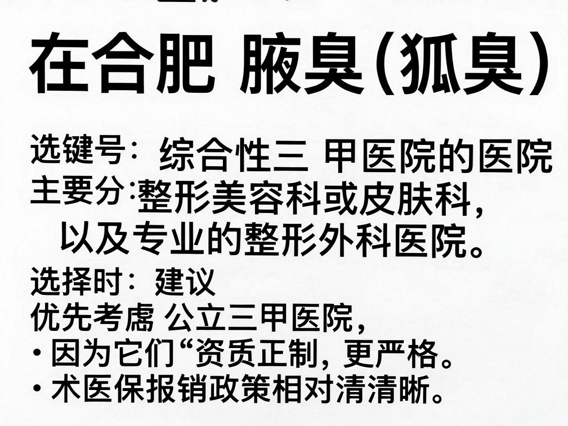 在合肥,治疗腋臭(狐臭)的医院主要分为综合性三甲医院的整形美容科或皮肤科,以及专业的整形外科医院。选择时建议优先考虑公立三甲医院,因为它们资质正规、术后感染控制更严格,且医保报销政策相对清晰 在合肥,治疗腋臭(狐臭)的医院主要分为综合性三甲医院的整形美容科或皮肤科,以及专业的整形外科医院。选择时建议优先考虑公立三甲医院,因为它们资质正规、术后感染控制更严格,且医保报销政策相对清晰