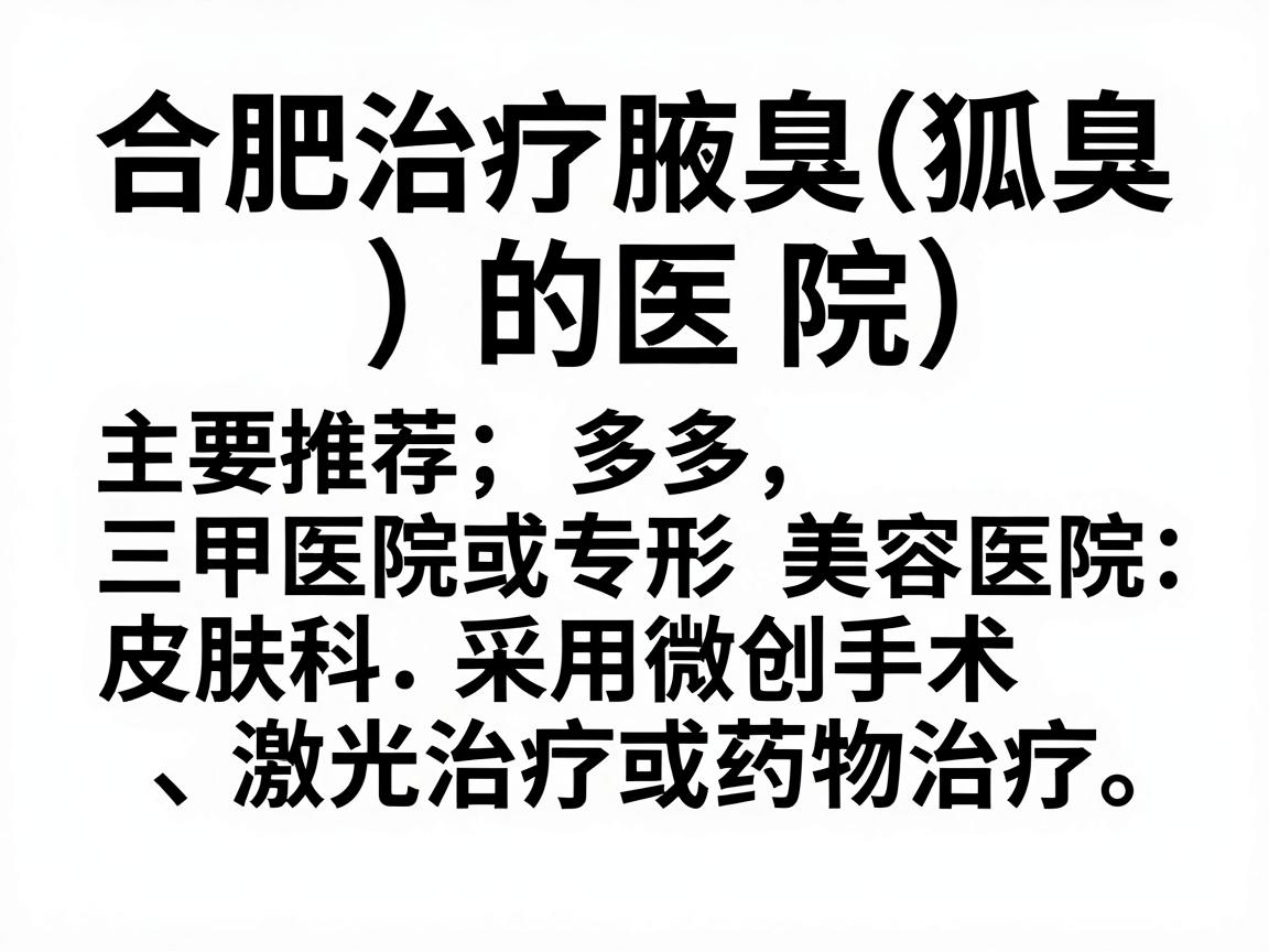 合肥治疗腋臭(狐臭)的医院选择较多,主要推荐三甲医院皮肤科或专业整形美容医院,通常采用微创手术、激光治疗或药物治疗。以下是一些口碑较好的医院及科室建议(排名不分先后) 合肥治疗腋臭(狐臭)的医院选择较多,主要推荐三甲医院皮肤科或专业整形美容医院,通常采用微创手术、激光治疗或药物治疗。以下是一些口碑较好的医院及科室建议(排名不分先后)