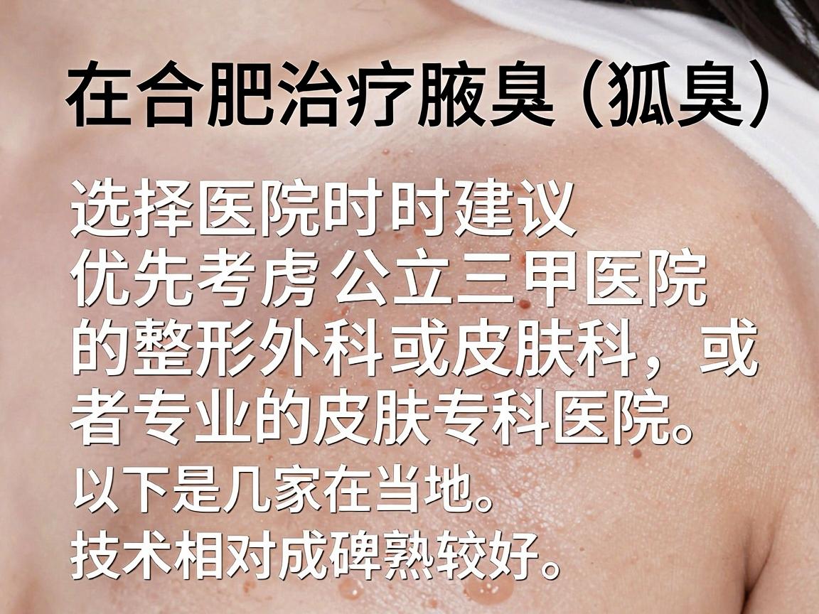 在合肥治疗腋臭(狐臭)选择医院时建议优先考虑公立三甲医院的整形外科或皮肤科,或者专业的皮肤专科医院。以下是几家在当地口碑较好、技术相对成熟的医院,供你参考 在合肥治疗腋臭(狐臭)选择医院时建议优先考虑公立三甲医院的整形外科或皮肤科,或者专业的皮肤专科医院。以下是几家在当地口碑较好、技术相对成熟的医院,供你参考