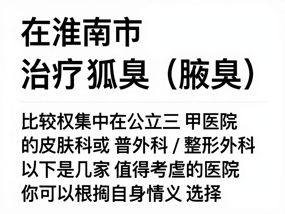 在淮南市,治疗狐臭(腋臭)比较权威的医院主要集中在公立三甲医院的皮肤科或普外科/整形外科。以下是几家值得考虑的医院,你可以根据自身情况选择 在淮南市,治疗狐臭(腋臭)比较权威的医院主要集中在公立三甲医院的皮肤科或普外科/整形外科。以下是几家值得考虑的医院,你可以根据自身情况选择
