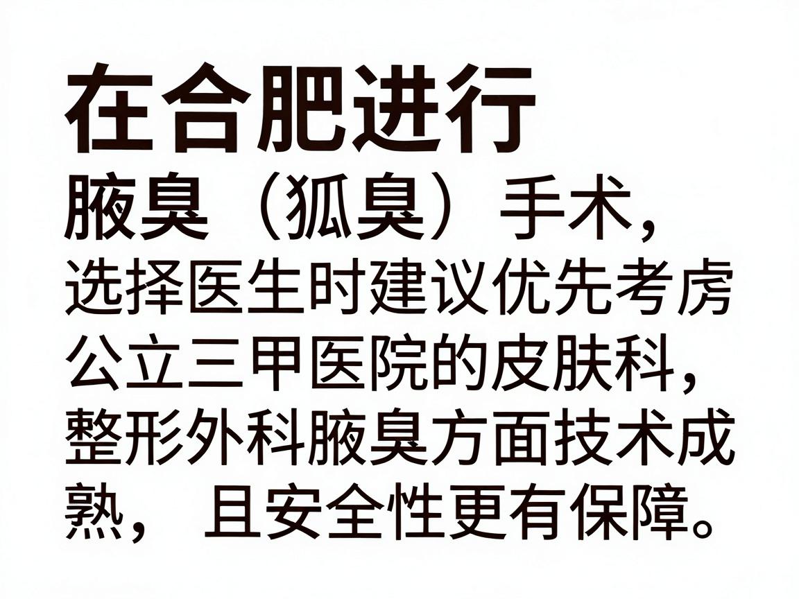 在合肥进行腋臭(狐臭)手术,选择医生时建议优先考虑公立三甲医院的整形外科或皮肤科。这两个科室在处理腋臭方面技术成熟,且安全性更有保障 在合肥进行腋臭(狐臭)手术,选择医生时建议优先考虑公立三甲医院的整形外科或皮肤科。这两个科室在处理腋臭方面技术成熟,且安全性更有保障