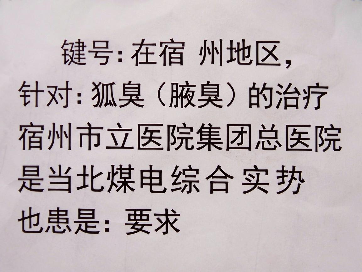 在宿州地区,针对狐臭(腋臭)的治疗,宿州市立医院和皖北煤电集团总医院是当地综合实力较强、也是患者选择较多的两家医院 在宿州地区,针对狐臭(腋臭)的治疗,宿州市立医院和皖北煤电集团总医院是当地综合实力较强、也是患者选择较多的两家医院