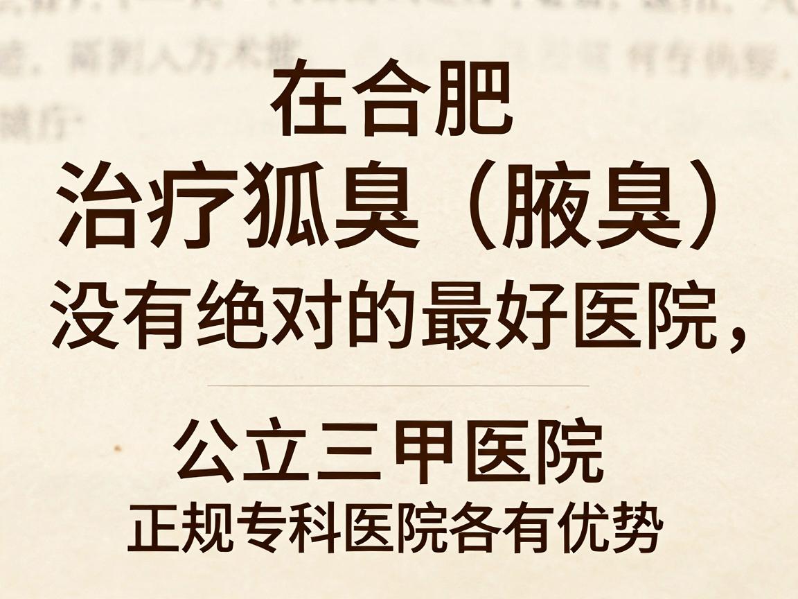 在合肥,治疗狐臭(腋臭)没有绝对的最好医院,因为公立三甲医院和正规专科医院各有优势。选择的关键在于医院等级、手术方式(微创/无创)以及医生的经验 在合肥,治疗狐臭(腋臭)没有绝对的最好医院,因为公立三甲医院和正规专科医院各有优势。选择的关键在于医院等级、手术方式(微创/无创)以及医生的经验