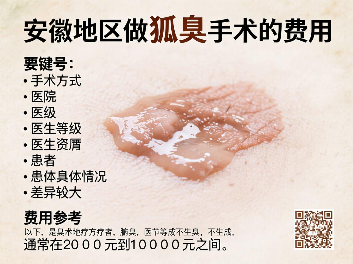 安徽地区做狐臭手术的费用因手术方式、医院等级、医生资历和患者具体情况差异较大,通常在2000元到10000元之间。以下是具体的费用参考和影响因素 安徽地区做狐臭手术的费用因手术方式、医院等级、医生资历和患者具体情况差异较大,通常在2000元到10000元之间。以下是具体的费用参考和影响因素