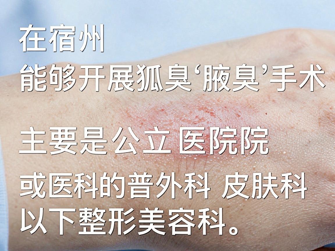 在宿州,能够开展狐臭(腋臭)手术的医院主要是公立医院的普外科、皮肤科或整形美容科。以下是几家比较可靠的医院供你参考 在宿州,能够开展狐臭(腋臭)手术的医院主要是公立医院的普外科、皮肤科或整形美容科。以下是几家比较可靠的医院供你参考