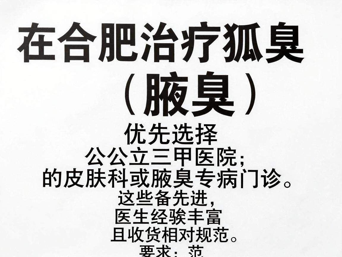 在合肥治疗狐臭(腋臭)建议优先选择公立三甲医院的皮肤科或腋臭专病门诊。这些医院设备先进、医生经验丰富,且收费相对规范 在合肥治疗狐臭(腋臭)建议优先选择公立三甲医院的皮肤科或腋臭专病门诊。这些医院设备先进、医生经验丰富,且收费相对规范