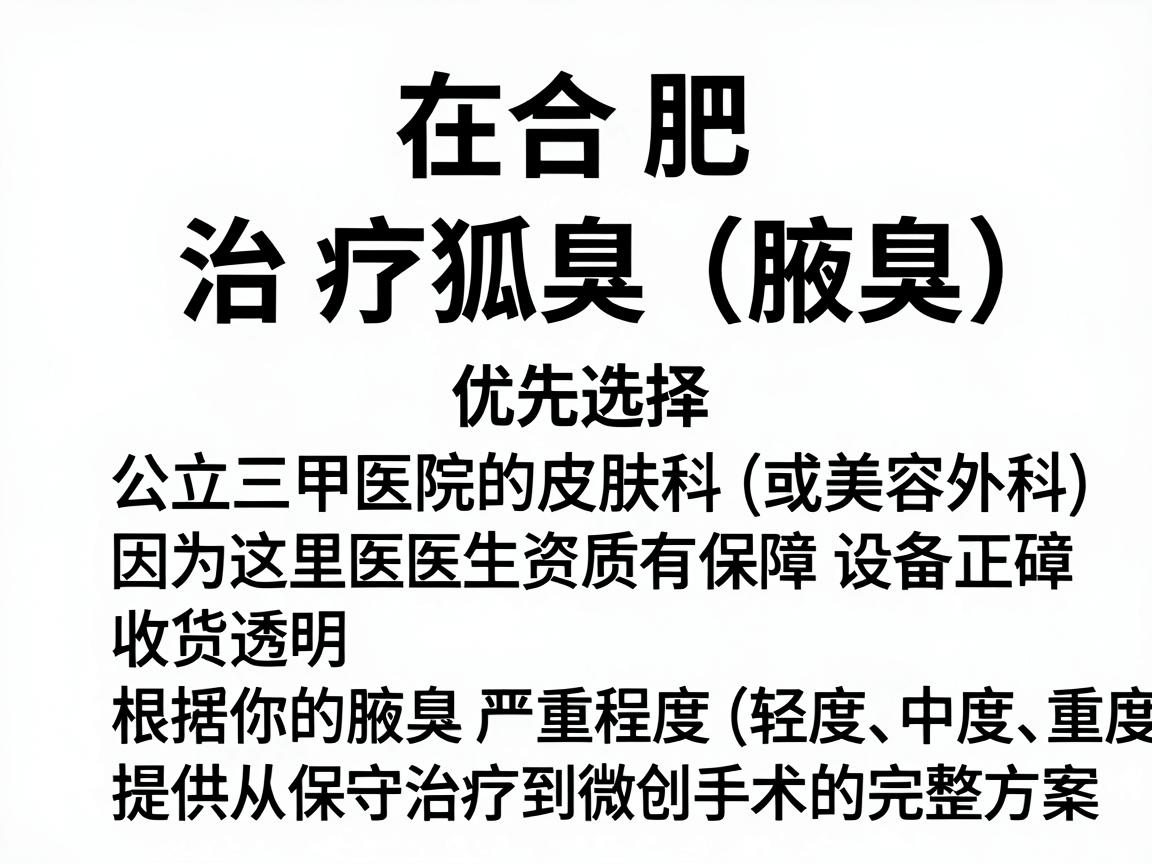 在合肥,治疗狐臭(腋臭)建议优先选择公立三甲医院的皮肤科(或美容外科)因为这里医生资质有保障、设备正规、收费透明,且能根据你的腋臭严重程度(轻度、中度、重度)提供从保守治疗到微创手术的完整方案 在合肥,治疗狐臭(腋臭)建议优先选择公立三甲医院的皮肤科(或美容外科)因为这里医生资质有保障、设备正规、收费透明,且能根据你的腋臭严重程度(轻度、中度、重度)提供从保守治疗到微创手术的完整方案