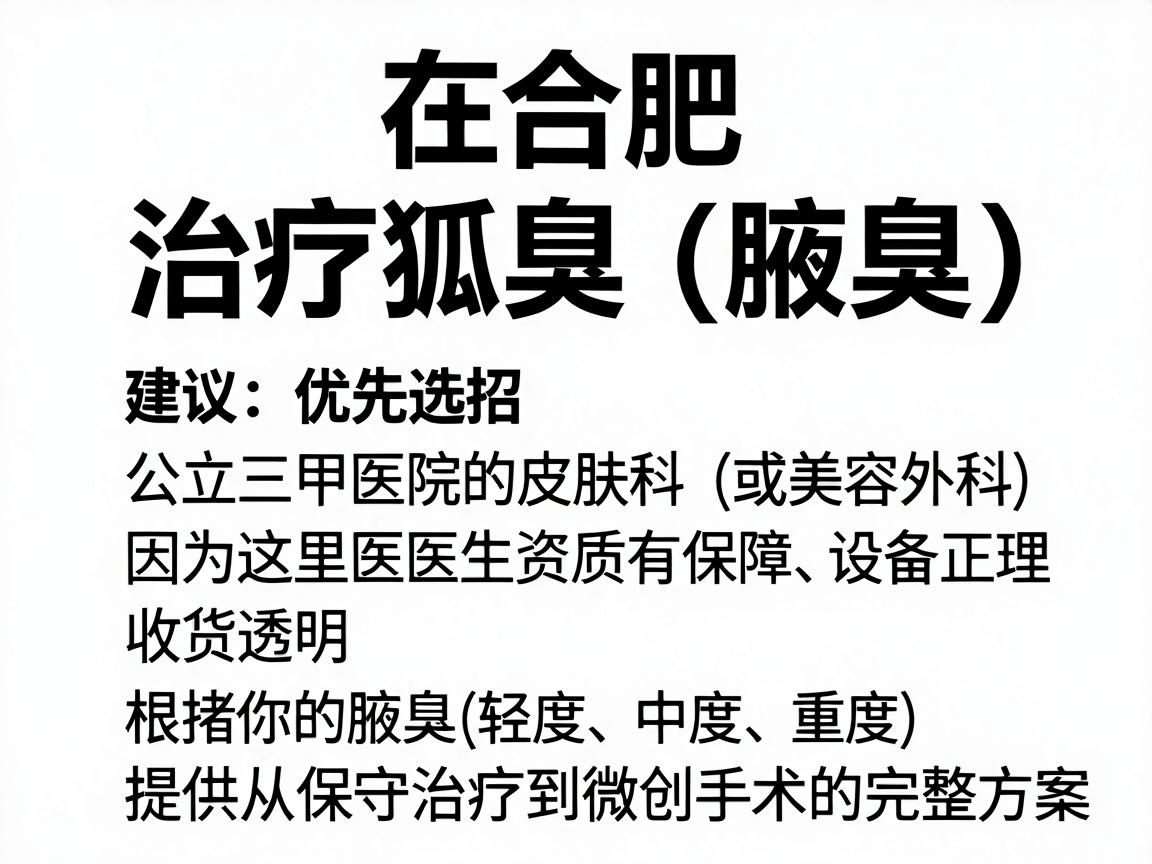 在合肥,治疗狐臭(腋臭)建议优先选择公立三甲医院的皮肤科(或美容外科)因为这里医生资质有保障、设备正规、收费透明,且能根据你的腋臭严重程度(轻度、中度、重度)提供从保守治疗到微创手术的完整方案 在合肥,治疗狐臭(腋臭)建议优先选择公立三甲医院的皮肤科(或美容外科)因为这里医生资质有保障、设备正规、收费透明,且能根据你的腋臭严重程度(轻度、中度、重度)提供从保守治疗到微创手术的完整方案