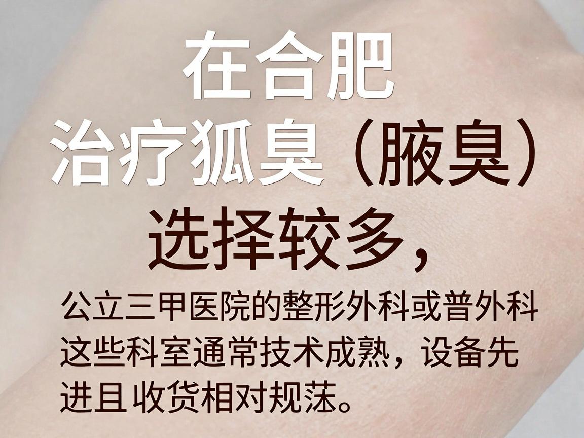 在合肥,治疗狐臭(腋臭)的医院选择较多,建议优先考虑公立三甲医院的整形外科或普外科,这些科室通常技术成熟、设备先进,且收费相对规范。以下是几家口碑较好的医院供参考 在合肥,治疗狐臭(腋臭)的医院选择较多,建议优先考虑公立三甲医院的整形外科或普外科,这些科室通常技术成熟、设备先进,且收费相对规范。以下是几家口碑较好的医院供参考