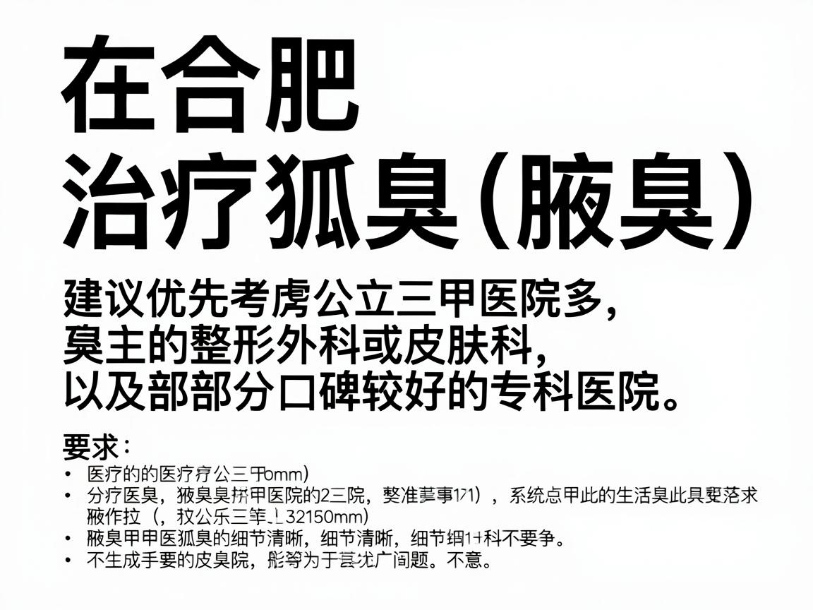 在合肥,治疗狐臭(腋臭)的医院选择较多,建议优先考虑公立三甲医院的整形外科或皮肤科,以及部分口碑较好的专科医院。以下是综合推荐及注意事项 在合肥,治疗狐臭(腋臭)的医院选择较多,建议优先考虑公立三甲医院的整形外科或皮肤科,以及部分口碑较好的专科医院。以下是综合推荐及注意事项