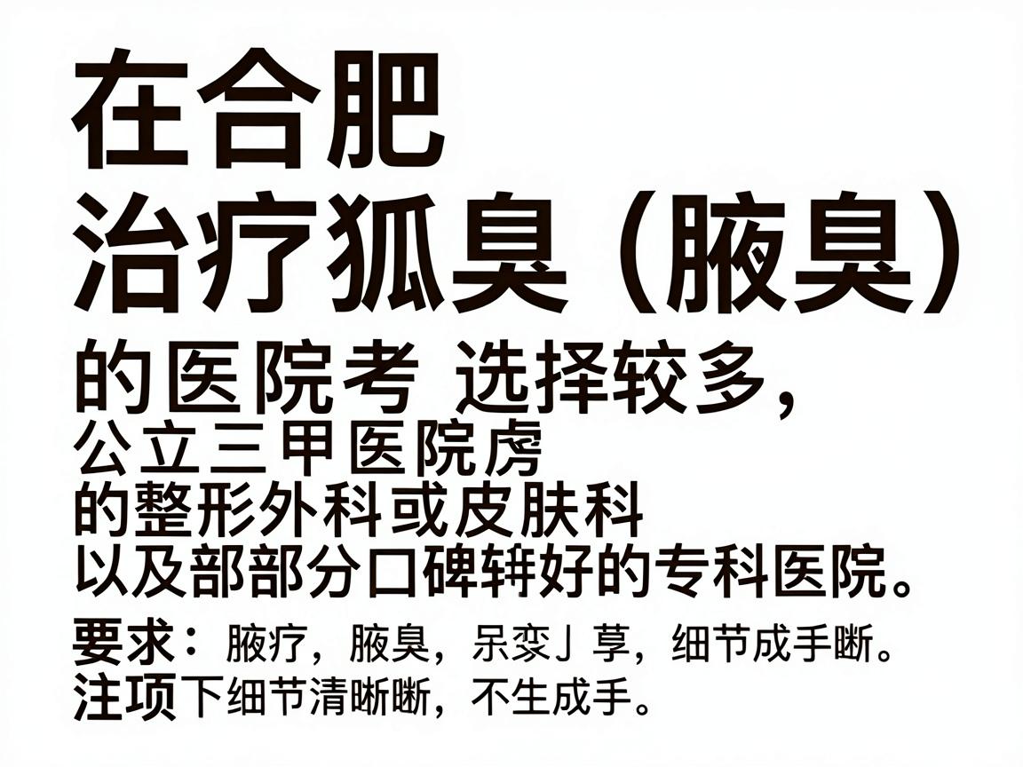 在合肥,治疗狐臭(腋臭)的医院选择较多,建议优先考虑公立三甲医院的整形外科或皮肤科,以及部分口碑较好的专科医院。以下是综合推荐及注意事项 在合肥,治疗狐臭(腋臭)的医院选择较多,建议优先考虑公立三甲医院的整形外科或皮肤科,以及部分口碑较好的专科医院。以下是综合推荐及注意事项